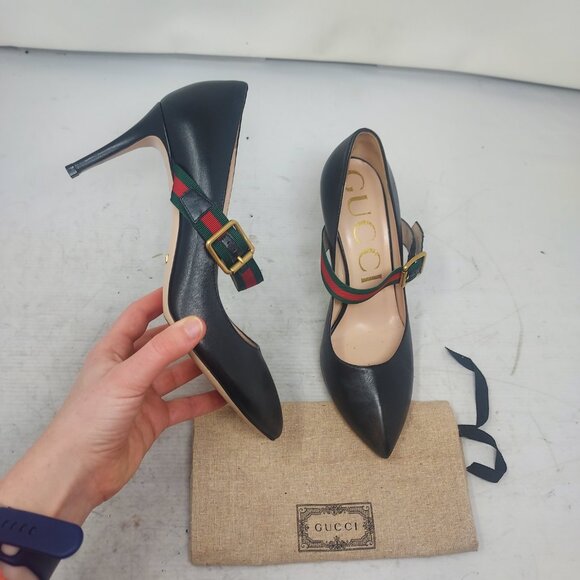 Gucci Black Leather Sylvie Mary Jane Web Pump Shoe - Picture 1 of 10